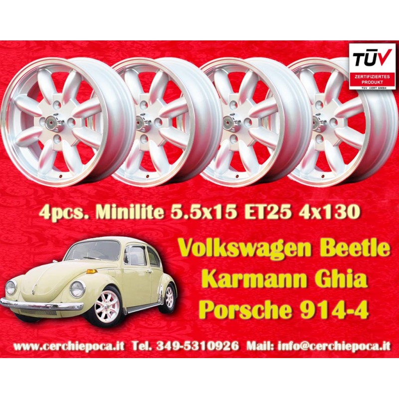 4 wheels Minilite 5.5x15 4x130 Porsche VW Porsche 914 1.7 1.8 2.0 Volkswagen Beetle 67- Karmann Ghia 67- Type 3 411 412 