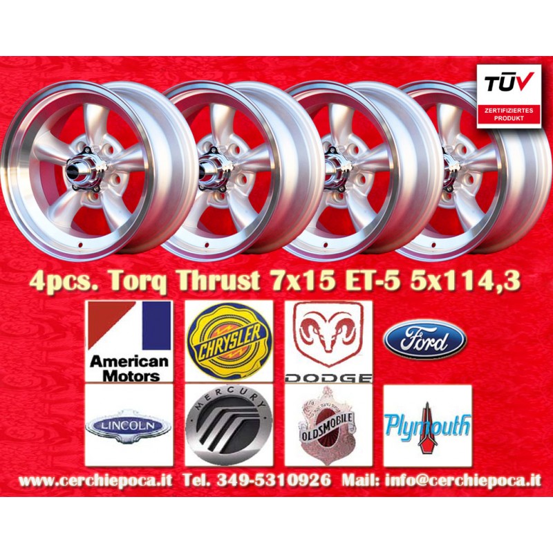 4 cerchi Torq Thrust 7x15 5x114.3 Ford Mustang Falcon Fairlane Torino Thunderbird Galaxie LTD silver/diamond cut