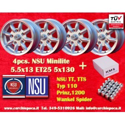 4 cerchi Minilite 5.5x13 + kit dadi KM8  SW19 10x1x34 60° 5x130 Honda NSU Honda S600 S800 NSU TT TTS 110 1200C Wankelspi