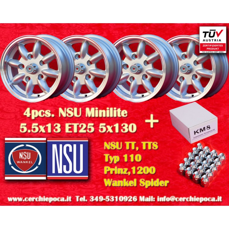 4 jantes Minilite 5.5x13 + ecrous KM8  SW19 10x1x34 60° 5x130 Honda NSU Honda S600 S800 NSU TT TTS 110 1200C Wankelspide