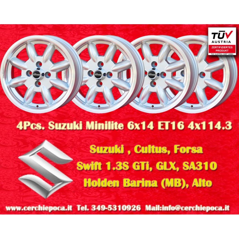 4 cerchi Minilite 6x14 4x114.3 MG Triumph Saab MBG TR2-TR6 Saab 99 Toyota Corolla Starlet Carina silver/diamond cut