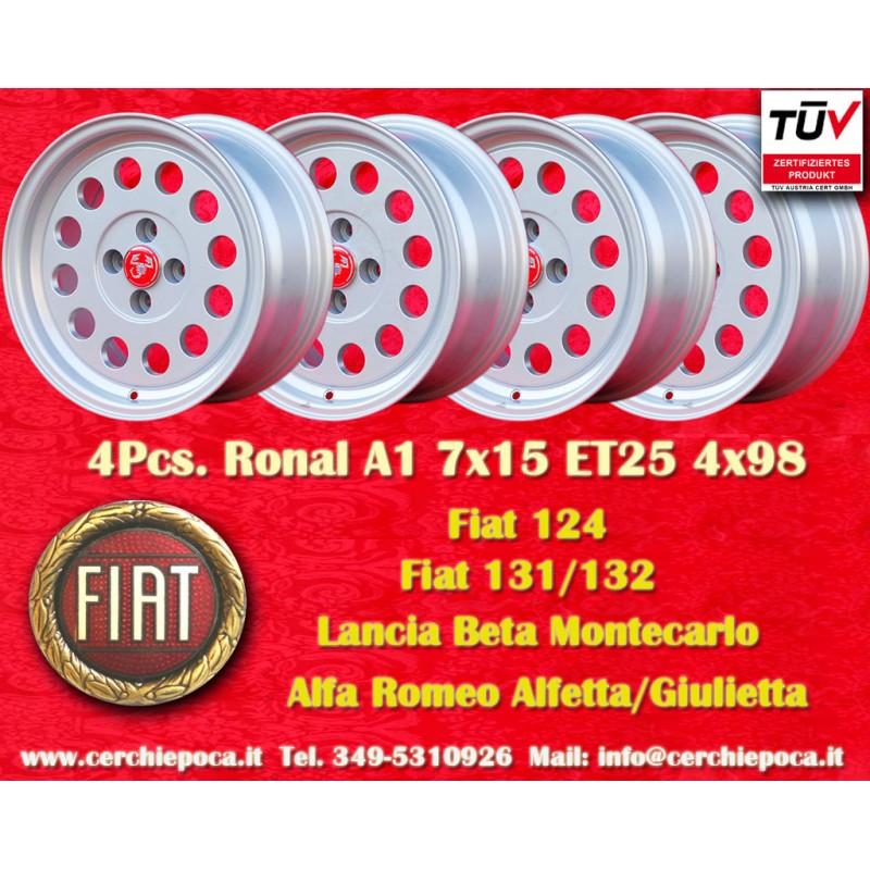 4 pcs. wheels Fiat Ronal 7x15 ET25 4x98 silver 124 SPORT COUPE SPIDER Pininfarina 500 ABARTH PANDA PUNTO