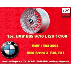 1 cerchio BBS 8x16 4x100 BMW Volkswagen Opel Mazda Audi M3 E30 serie 5 E12 E28 E34 serie 6 E24 serie 7 E23 E32 E3 E9 sil