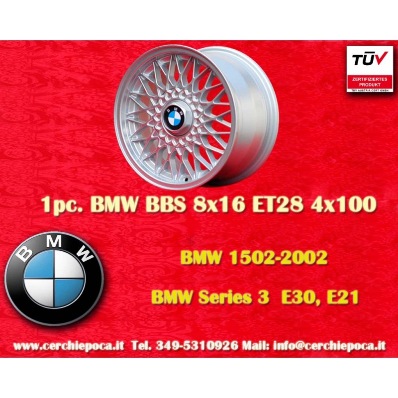 1 Felge BBS 8x16 4x100 BMW Volkswagen Opel Mazda Audi M3 E30 serie 5 E12 E28 E34 serie 6 E24 serie 7 E23 E32 E3 E9 silve