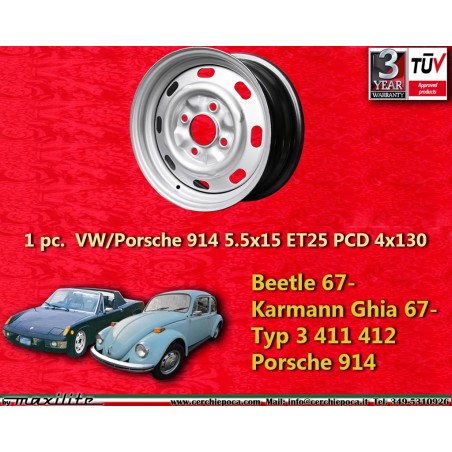 1 Felge OE steel 5.5x15 4x130 Volkswagen Porsche Beetle 67- Karmann Ghia 67- Typ 3 411 412 Porsche 914  silver