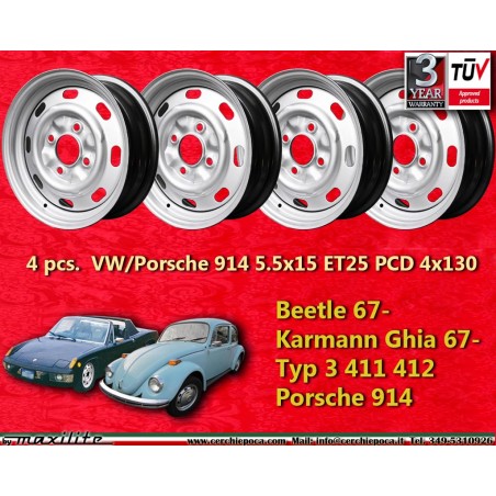 4 wheels OE steel 5.5x15 4x130 Volkswagen Porsche Beetle 67- Karmann Ghia 67- Typ 3 411 412 Porsche 914  silver