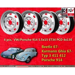 4 wheels OE steel 5.5x15 4x130 Volkswagen Porsche Beetle 67- Karmann Ghia 67- Typ 3 411 412 Porsche 914  silver