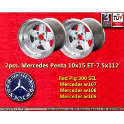 2 jantes Penta 10x15 5x112 Mercedes w107 w108 w109 Red Pig 300 SEL silver/diamond cut