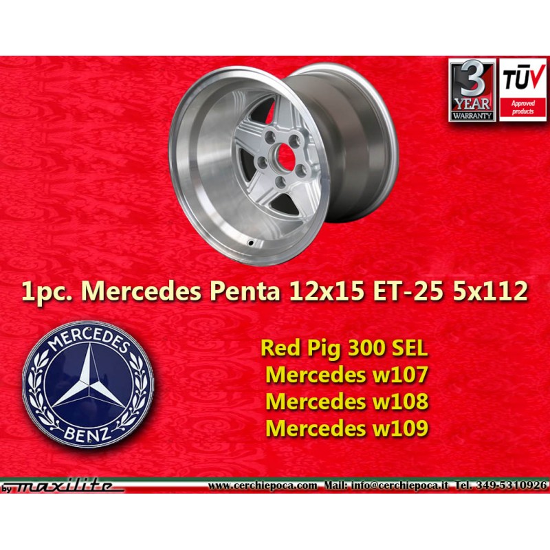 1 jante Penta 12x15 5x112 Mercedes w107 w108 w109 Red Pig 300 SEL silver/diamond cut