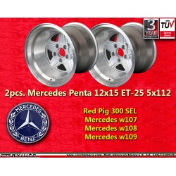 2 jantes Penta 12x15 5x112 Mercedes w107 w108 w109 Red Pig 300 SEL silver/diamond cut