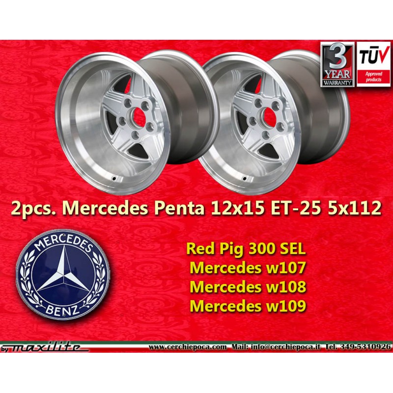 2 Felgen Penta 12x15 5x112 Mercedes w107 w108 w109 Red Pig 300 SEL silver/diamond cut