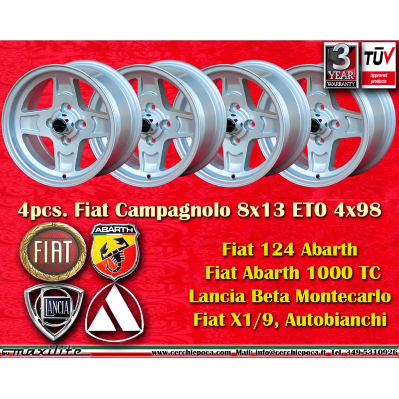 4 cerchi Campagnolo 7x13 + 8x13 4x98 Fiat Lancia Autobianchi 124 Abarth Berlina Coupe Spider 125 127 128 131 X19 A112 Be