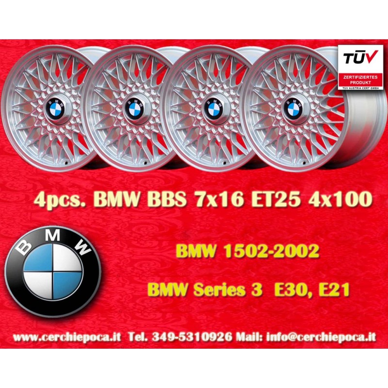 4 jantes BBS 7x16 4x100 BMW Volkswagen Opel Mazda Audi serie 3 E21 E30 Kadett Manta Ascona MX-5 MX5 Golf Passat silver