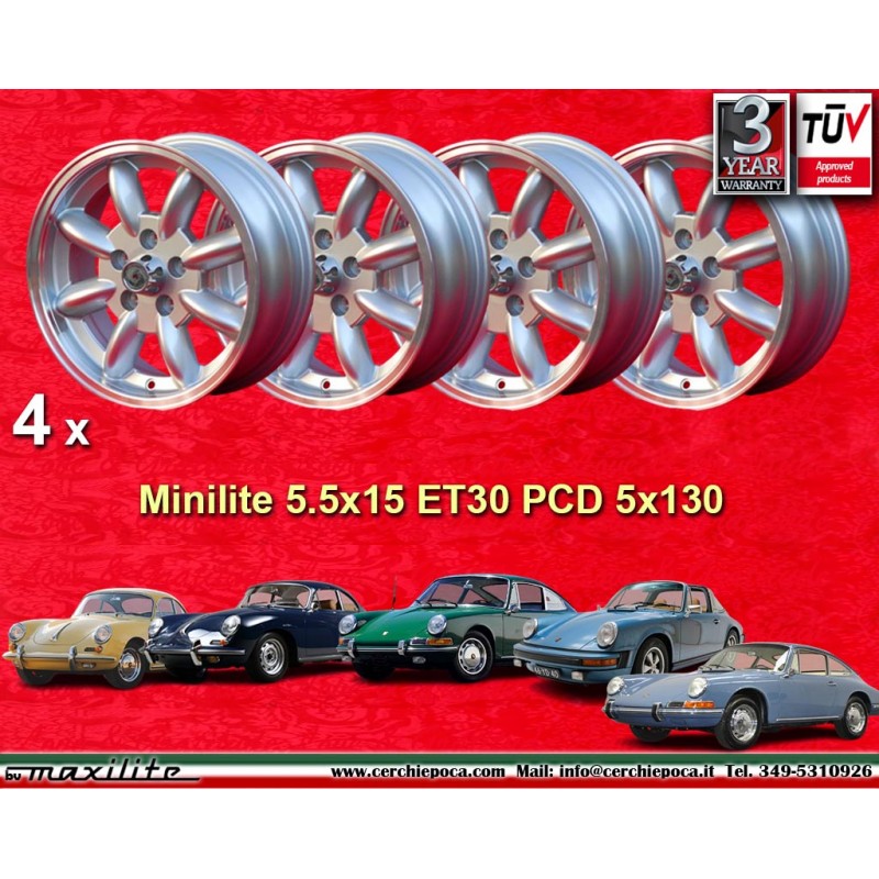 4 Felgen Minilite 5.5x15 5x130 Porsche 356C C SC Porsche 911 912 silver/diamond cut