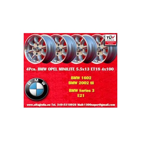 4 cerchi Minilite 5.5x13 4x100 BMW Opel Volkswagen  1502 1602 1802 2002 tii 3 E21 Kadett B-C Manta Ascona A-B GT Olympia