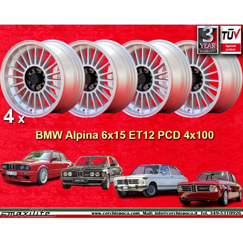 4 cerchi Alpina 6x15 4x100 BMW 1500 1600 1800 2000tii 1502 1602 1802 2002tii 3 E21 E30 silver/black