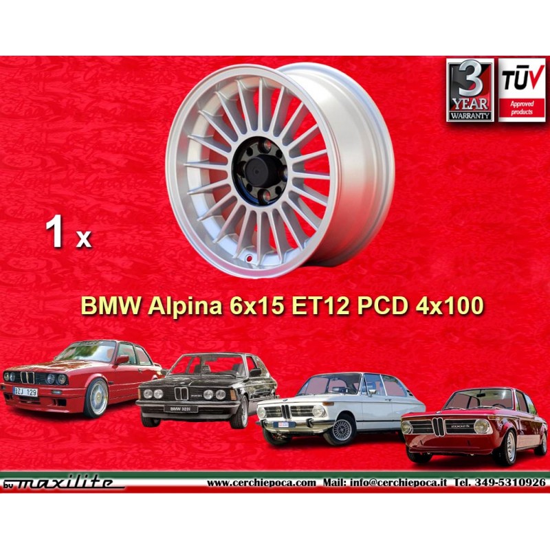 1 jante Alpina 6x15 4x100 BMW 1500 1600 1800 2000tii 1502 1602 1802 2002tii 3 E21 E30 silver/black