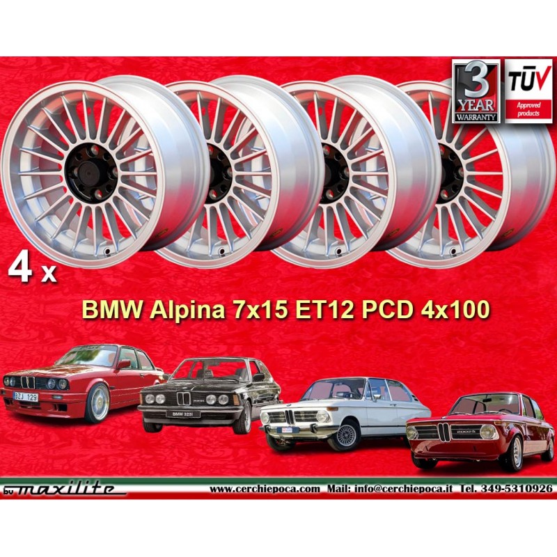 4 wheels Alpina 7x15 4x100 BMW 1500 1600 1800 2000tii 1502 1602 1802 2002tii 3 E21 E30 silver/black