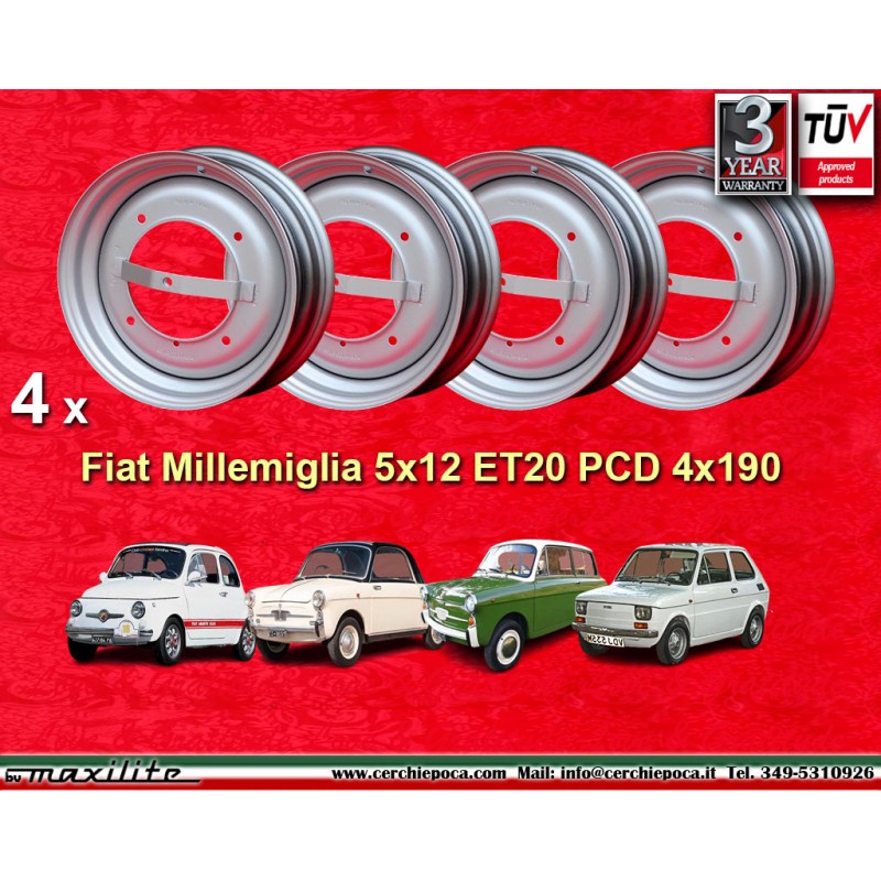 4 Felgen OE steel 3.5x12 4x190 Fiat Autobianchi Fiat 500 nuova Cinquecento Bianchina silver