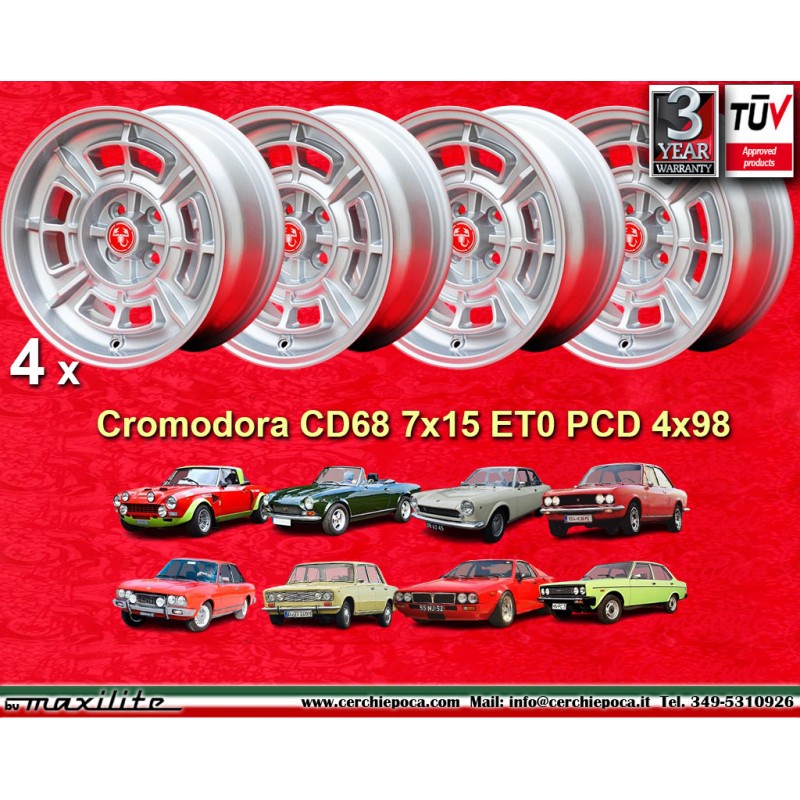 4 cerchi Cromodora CD68 7x15 4x98 Fiat Lancia 124 Abarth Coupe Spider 125 131 132 Beta Montecarlo silver