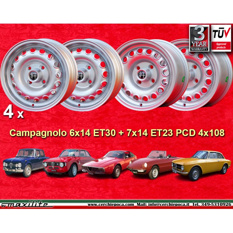 4 cerchi Campagnolo 6x14 + 7x14 4x108 Alfa Romeo Giulia 105 Berlina Coupe Spider GT GTA GTC