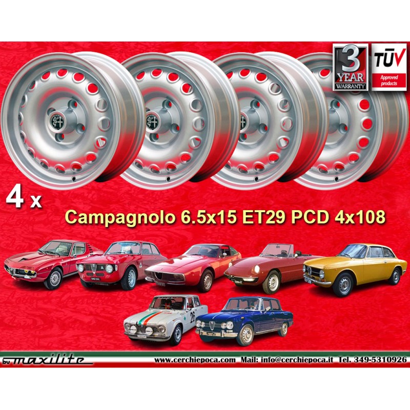 4 cerchi Campagnolo 6.5x15 4x108 Alfa Romeo Giulia 105 Berlina Coupe Spider GTA GTC silver