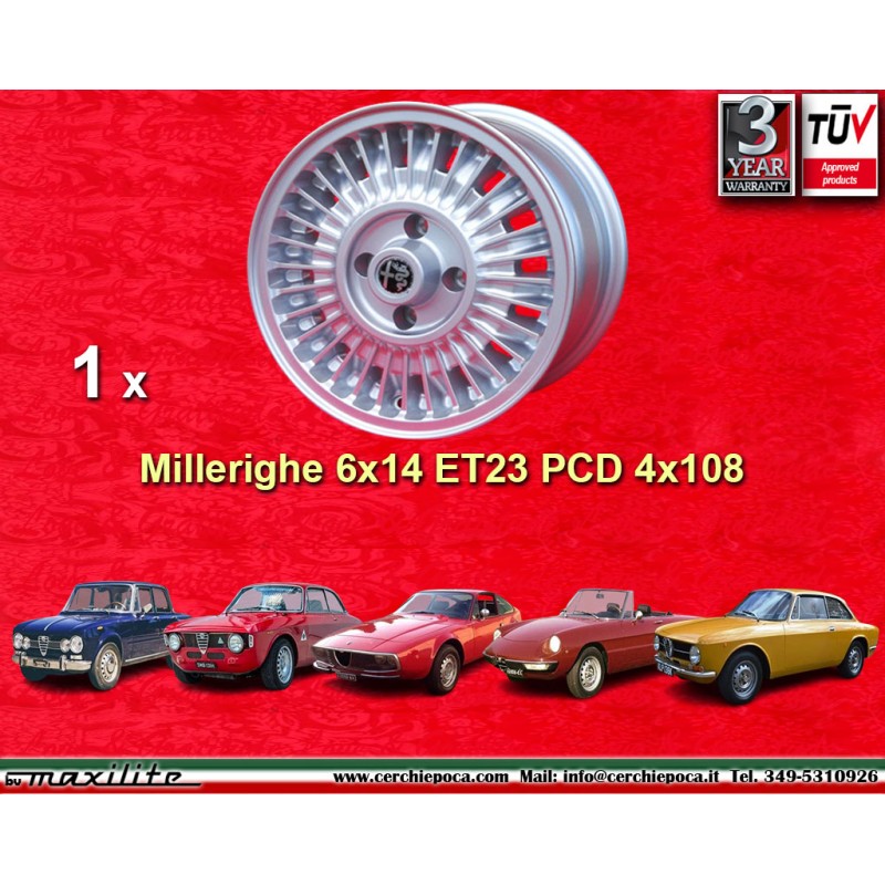 1 Felge Millerighe 6x14 4x108 Alfa Romeo Giulia 105 Berlina Coupe Spider GT GTA GTC silver