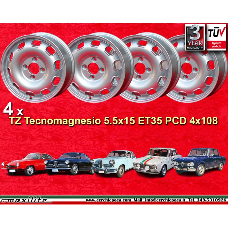 4 cerchi TZ 5.5x15 4x108 Alfa Romeo Giulia TI Super 105 -1971 Giulietta 101 750 silver