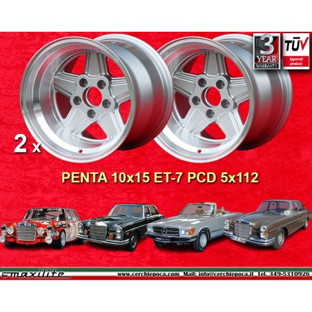 2 Felgen Penta 10x15 5x112 Mercedes w107 w108 w109 Red Pig 300 SEL silver/diamond cut