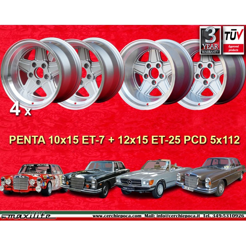 4 wheels Penta 10x15 + 12x15 5x112 Mercedes w107 w108 w109 Red Pig 300 SEL