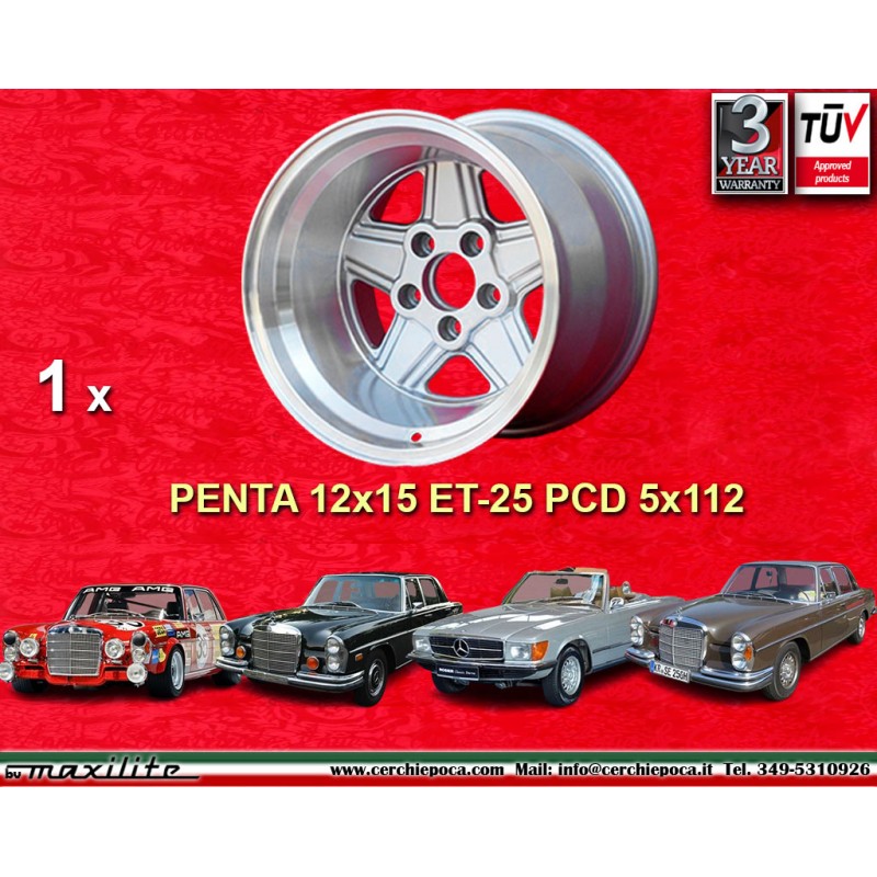 1 Felge Penta 12x15 5x112 Mercedes w107 w108 w109 Red Pig 300 SEL silver/diamond cut