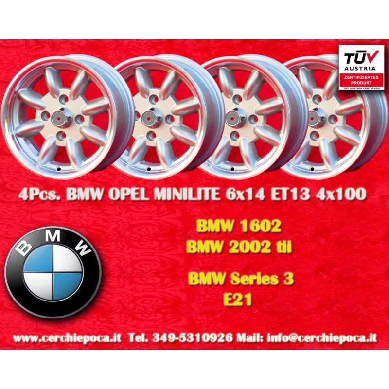 4 cerchi Minilite 6x14 4x100 BMW Opel 1502-2002 1500-2000tii 2000C CA CS 3 E21 E30   Opel Kadett B-C Manta Ascona A-B GT