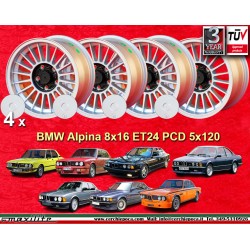 4 Felgen Alpina 8x16 5x120 BMW serie 5 E12 E28 E34 serie 6 E24 serie 7 E23 E32 E3 E9 silver/black