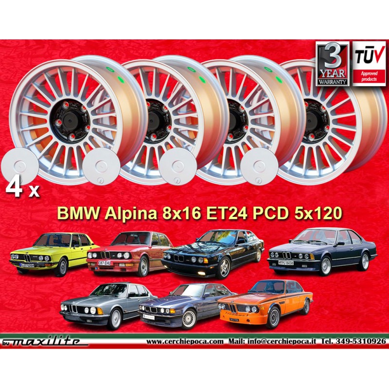 4 cerchi Alpina 8x16 5x120 BMW serie 5 E12 E28 E34 serie 6 E24 serie 7 E23 E32 E3 E9 silver/black