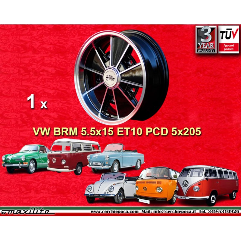 1 cerchio BRM 5.5x15 5x205 Volkswagen Beetle Kafer Maggiolino T1 T2a Typ3 Karmann Ghia black/diamond cut