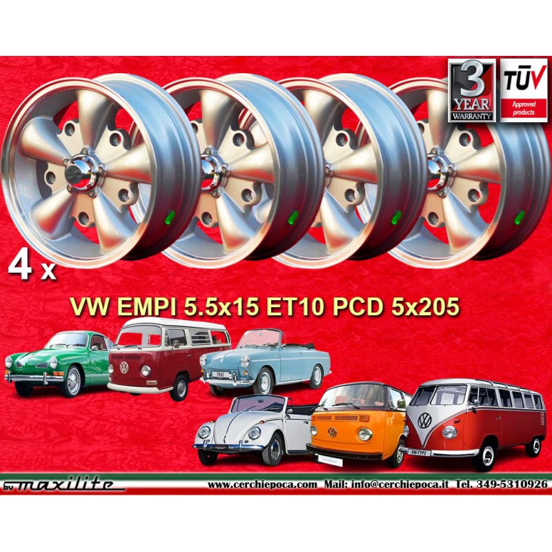 4 jantes EMPI 5.5x15 5x205 Volkswagen Beetle Kafer Maggiolino T1 T2a Typ3 Karmann Ghia silver/diamond cut