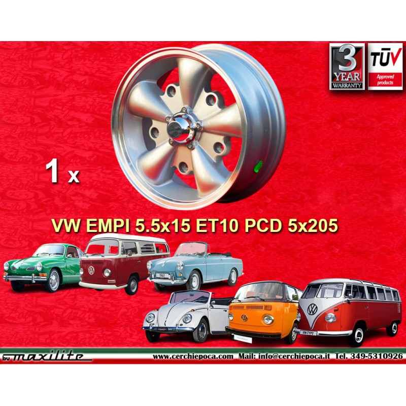 1 cerchio EMPI 5.5x15 5x205 Volkswagen Beetle Kafer Maggiolino T1 T2a Typ3 Karmann Ghia silver/diamond cut