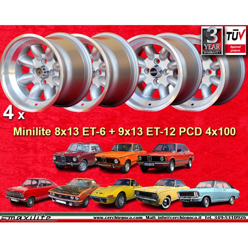 4 Felgen Minilite 8x13 + 9x13 4x100 BMW Opel Volkswagen  1502 1602 1802 2002 tii 3 E21 Kadett B-C Manta Ascona A-B GT Ol