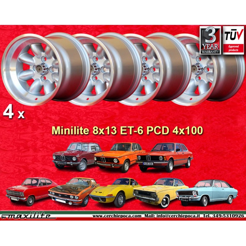 4 jantes Minilite 8x13 4x100 BMW Opel Volkswagen  1502 1602 1802 2002 tii 3 E21 Kadett B-C Manta Ascona A-B GT Olympia A