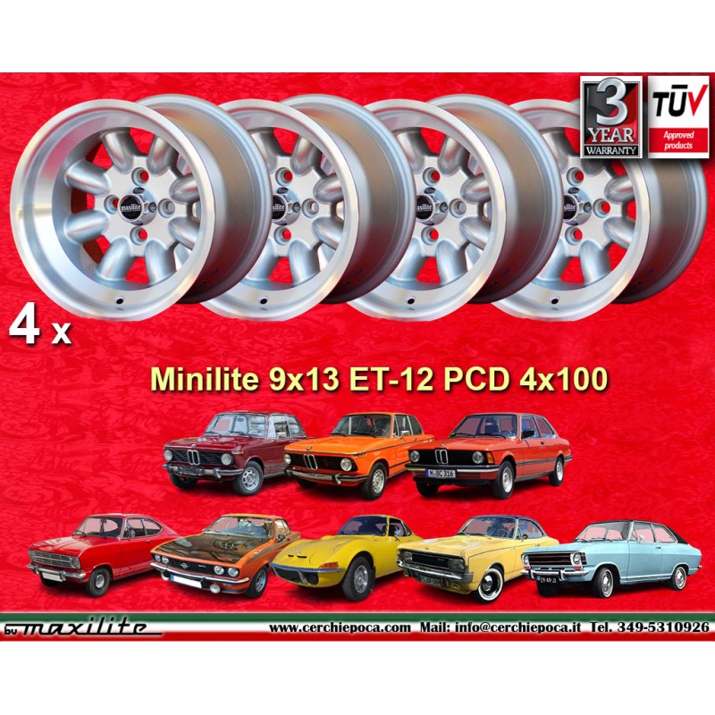 4 wheels Minilite 9x13 4x100 BMW Opel Volkswagen  1502 1602 1802 2002 tii 3 E21 Kadett B-C Manta Ascona A-B GT Olympia A