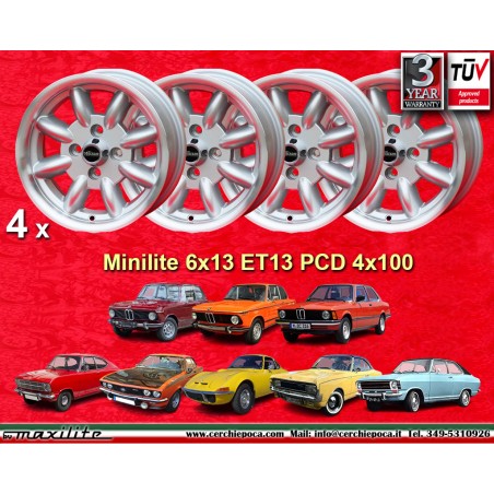 4 Felgen Minilite 6x13 4x100 BMW Opel Volkswagen  1502 1602 1802 2002 tii 3 E21 Kadett B-C Manta Ascona A-B GT Olympia A