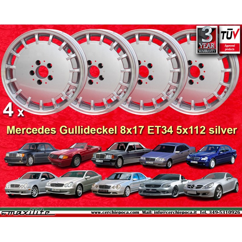 4 Felgen Gullideckel 8x17 5x112 Mercedes w124 w129 w201 w203 w208 w209 w210 w170 w171 HO silver/diamond cut