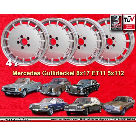 4 Felgen Gullideckel 8x17 5x112 Mercedes w107 w108 w109 w116 w123 w126 silver/diamond cut