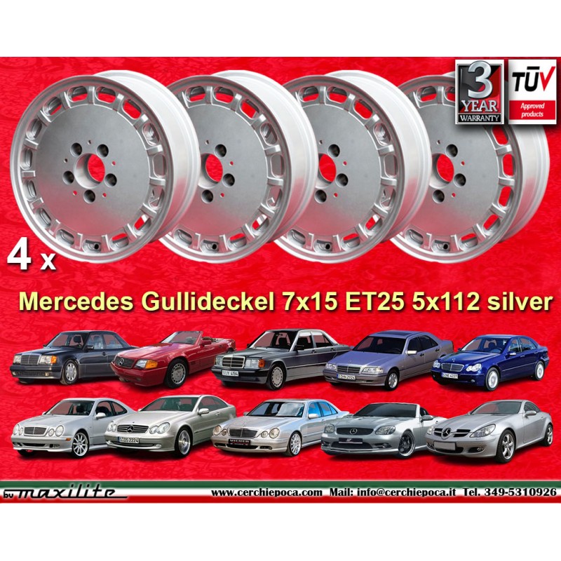 4 Felgen Gullideckel 7x15 5x112 Mercedes w107 w116 w123 w124 w126 w201 w202 w210 HO silver