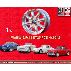 1 cerchio Minilite 5.5x13 4x101.6 Austin Mini MG Mini Mk1-3 Austin Sprite mk1-4 MG Midget silver/diamond cut