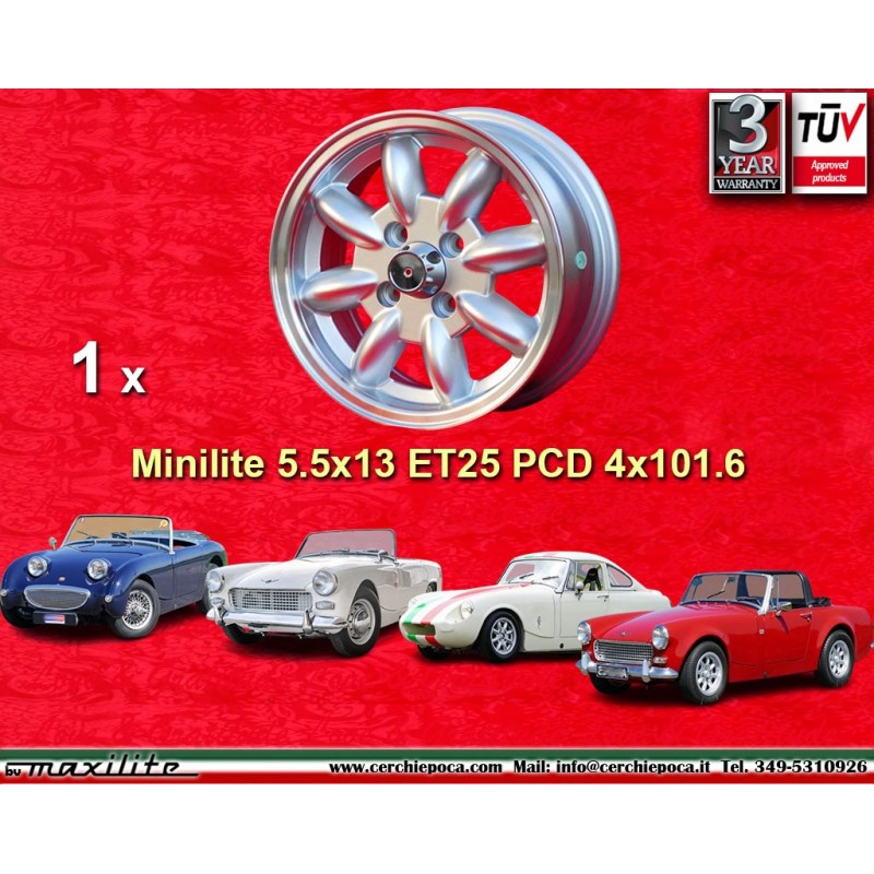 1 Felge Minilite 5.5x13 4x101.6 Austin Mini MG Mini Mk1-3 Austin Sprite mk1-4 MG Midget silver/diamond cut