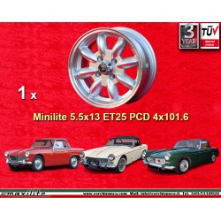 1 Felge Minilite 5.5x13 4x101.6 Austin Mini MG Mini Mk1-3 Austin Sprite mk1-4 MG Midget silver/diamond cut