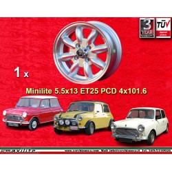 1 wheel Minilite 5.5x13 4x101.6 Austin Mini MG Mini Mk1-3 Austin Sprite mk1-4 MG Midget silver/diamond cut