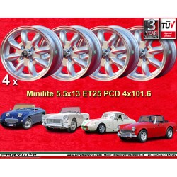 4 Felgen Minilite 5.5x13 4x101.6 Austin Mini MG Mini Mk1-3 Austin Sprite mk1-4 MG Midget silver/diamond cut