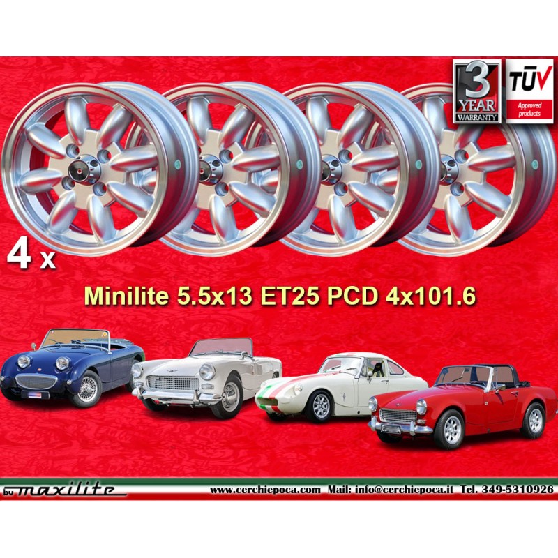 4 cerchi Minilite 5.5x13 4x101.6 Austin Mini MG Mini Mk1-3 Austin Sprite mk1-4 MG Midget silver/diamond cut